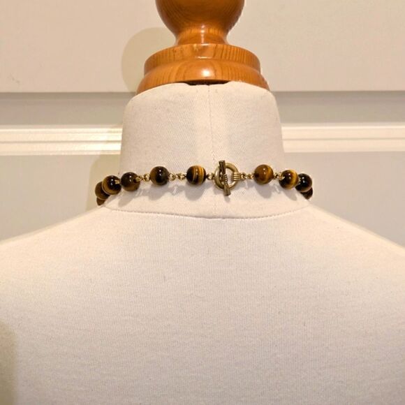 Handmade Genuine Tiger's Eye and Gold Painted Quartz Point Goldtone Necklace - Picture 4 of 6